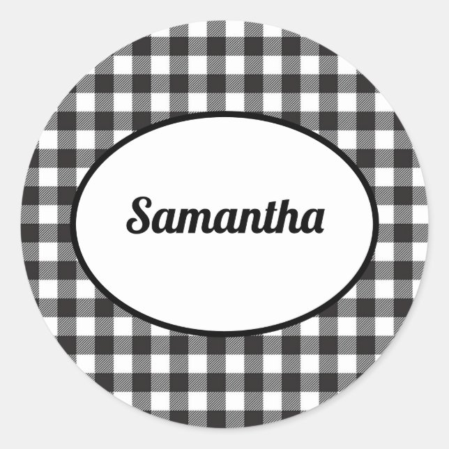 Personalised Black and White Buffalo Plaid Classic Round Sticker (Front)