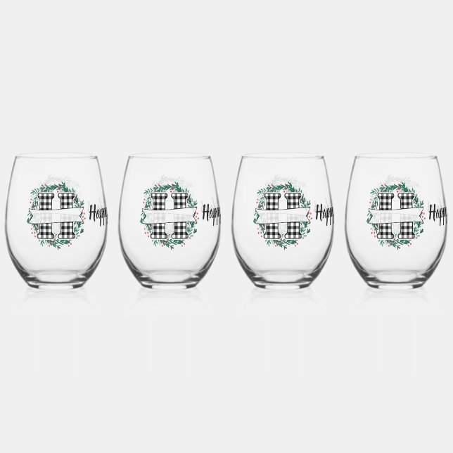 Personalised Black And White Buffalo Plaid (H) Stemless Wine Glass (Front)
