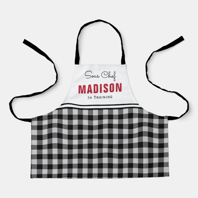 Personalised Black and White Buffalo Plaid Kids Apron (Front)