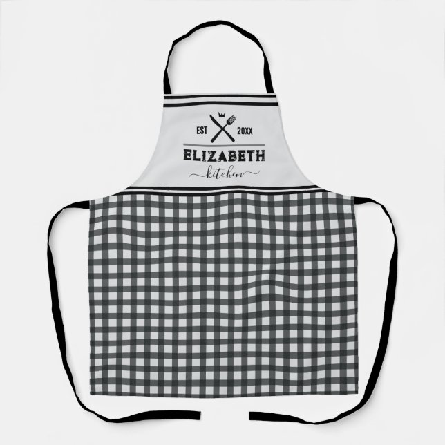 Personalised Black and White Buffalo Plaid Kitchen Apron (Front)