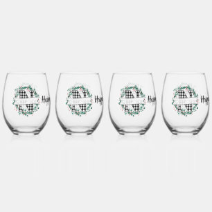 Personalised Black And White Buffalo Plaid (N) Stemless Wine Glass