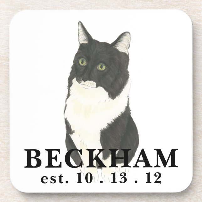 Personalised Black and White Cat Beverage Coaster (Front)