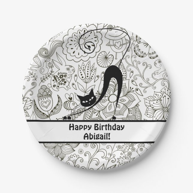 Personalised Black and White Cat Birthday Plates (Front)