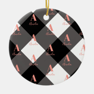Personalised Black and White Check Ceramic Ornament