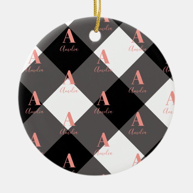 Personalised Black and White Check Ceramic Ornament (Front)