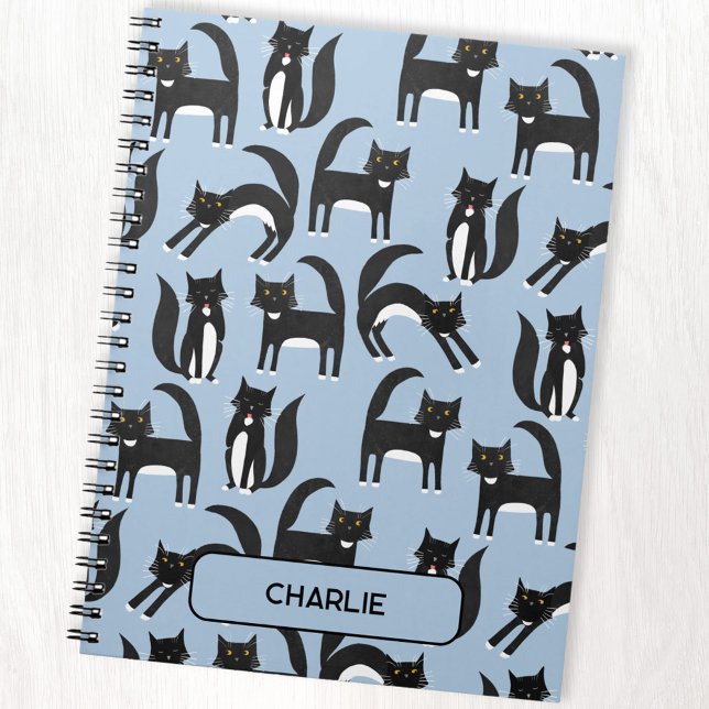 Personalised Black and White Cute Tuxedo Cat Notebook (Personalized name black and white tuxedo cat notebook for animal lovers.)