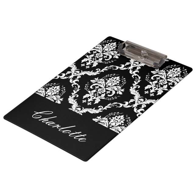 Personalised Black And White Damask Pattern Clipboard (Angled)