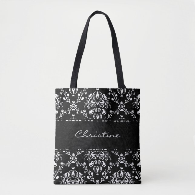 Personalised Black and White Damask Tote Bag (Front)