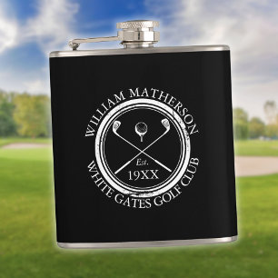 Personalised Black And White Golf Club Name Hip Flask