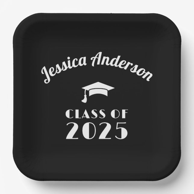 Personalised Black and White Graduation  Paper Plate (Front)