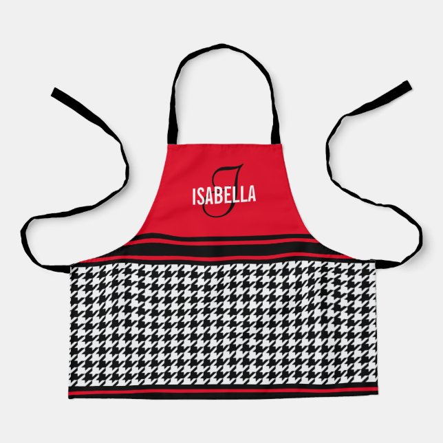 Personalised Black and White Houndstooth red kid's Apron (Front)