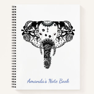 Personalised black and white line tangle elephant notebook
