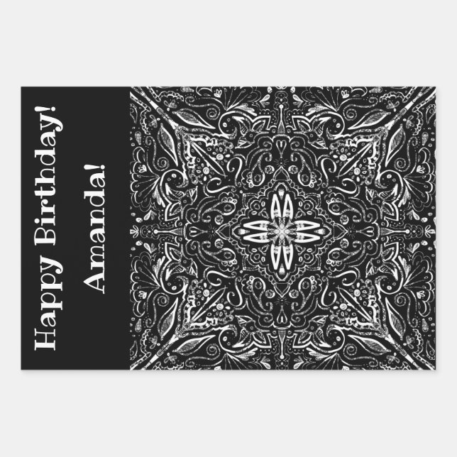 Personalised Black and white mandala design Wrapping Paper Sheet (Front)