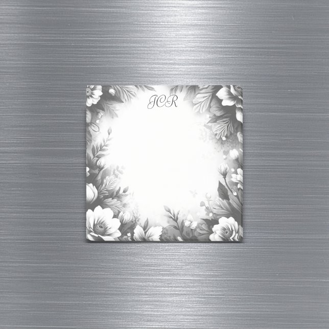 Personalised Black and White Monogrammed Floral Post-it Notes (Featuring a sophisticated monochrome pretty floral pattern, customizable with your initials)