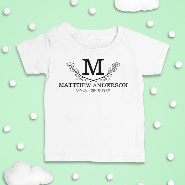 Personalised Black And White Name Monogram Age Baby T-Shirt (Creator Uploaded)