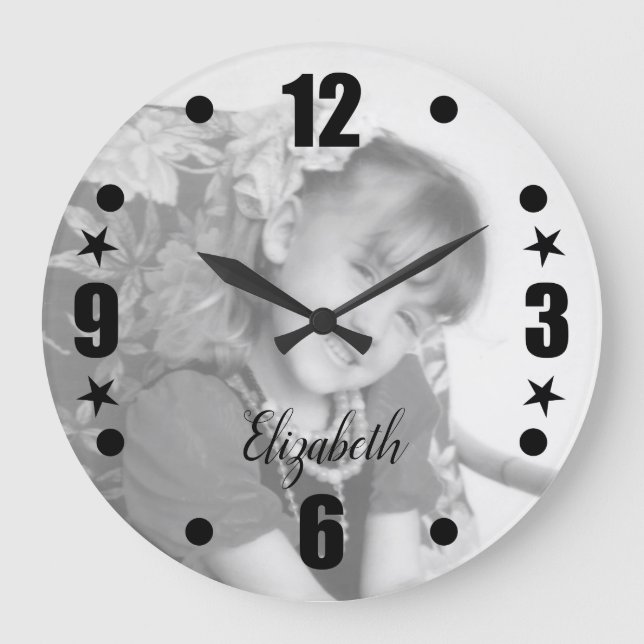 Personalised black and white photo name large clock (Front)