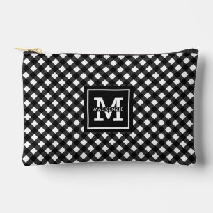 Personalised Black and White Plaid Pattern Accessory Pouch