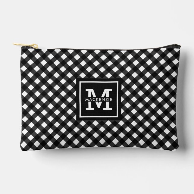 Personalised Black and White Plaid Pattern Accessory Pouch (Front)