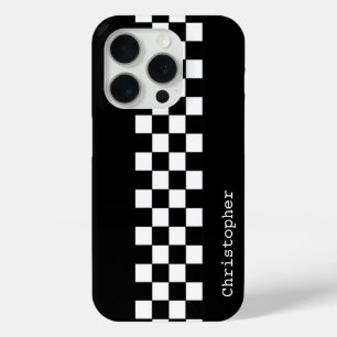 Personalised Black and White Racing Checks iPhone 15 Pro Case