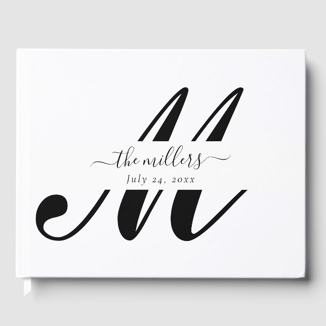 Personalised Black and White Script Monogram Guest Guest Book (Front)