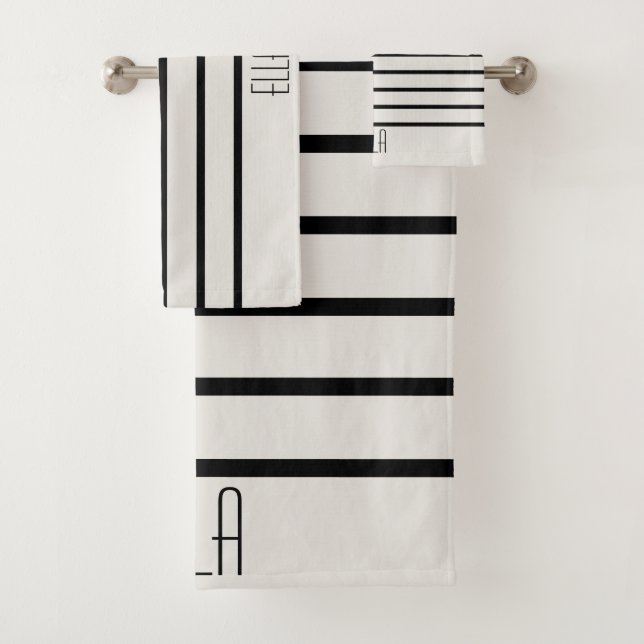 Personalised Black And White Striped Bath Towel Set (Insitu)