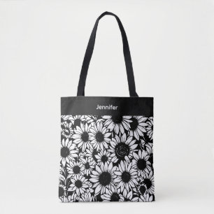 personalised black and white sunflowers tote bag