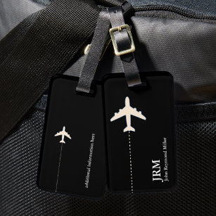 personalised black and white travel aeroplane luggage tag