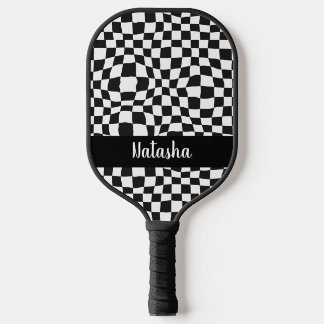 Personalised Black and White Warped Chequered Pickleball Paddle (Front)
