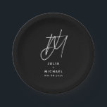 Personalised Black and White Wedding Paper Plate<br><div class="desc">Add a touch of elegance to your wedding reception with these personalised paper plates. Featuring a large brushed script two initial monogram with the couple's name and wedding date below in modern sans serif font, this design is perfect for a sophisticated and stylish celebration. The white text on a black...</div>