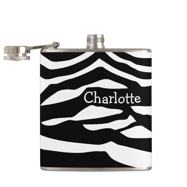 Personalised Black And White Zebra Pattern Hip Flask (Opened)