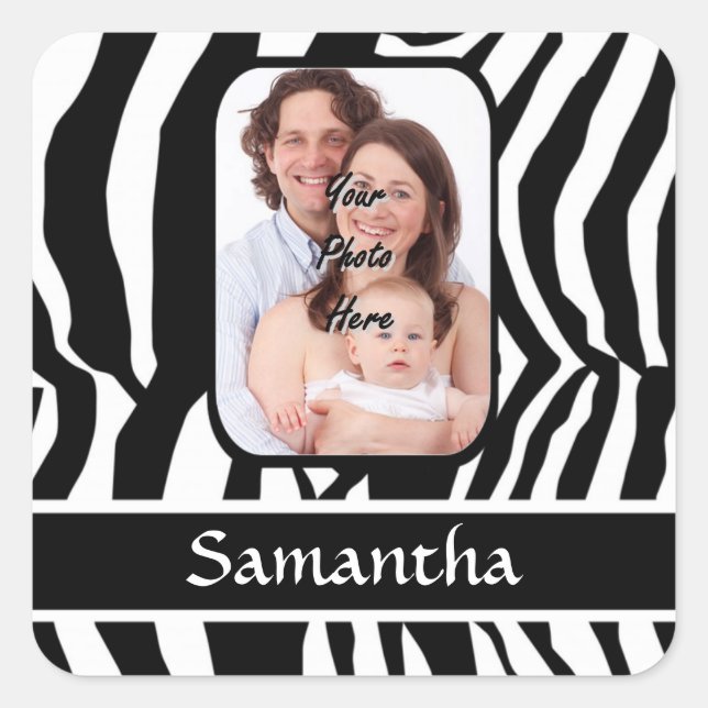 Personalised black and white zebra print square sticker (Front)