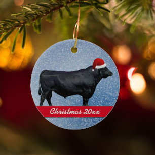 Personalised Black Angus and Santa Hat Ceramic Ornament
