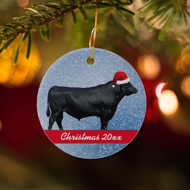 Personalised Black Angus and Santa Hat Ceramic Ornament (Creator Uploaded)