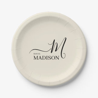 Personalised Black Beige Signature Family Name Paper Plate
