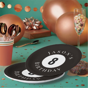 Personalised Black Billiard Pool Ball Birthday Paper Plate