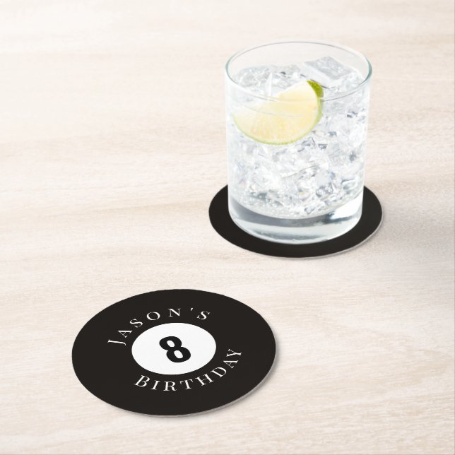 Personalised Black Billiard Pool Ball Birthday Rou Round Paper Coaster (Insitu)