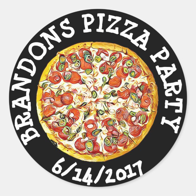 Personalised Black  Birthday Pizza Party Stickers (Front)