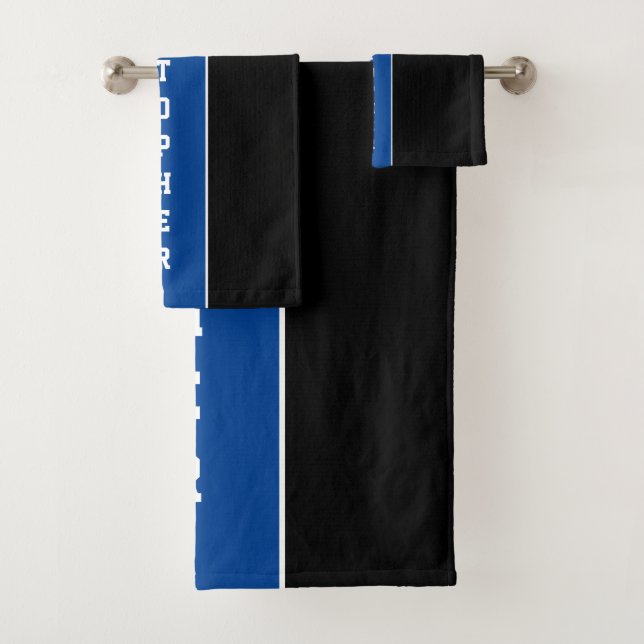 Personalised Black Blue Stripe Bath Towel Set (Insitu)
