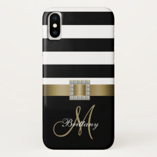 Personalised Black Bold Stripes Gold Monogram iPhone X Case