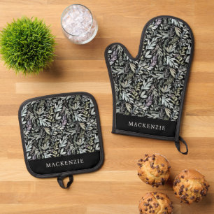 Personalised Black Botanical Watercolor Pattern Oven Mitt & Pot Holder Set