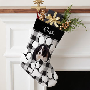 Personalised Black Buffalo Plaid Pet Dog Cat Photo Small Christmas Stocking