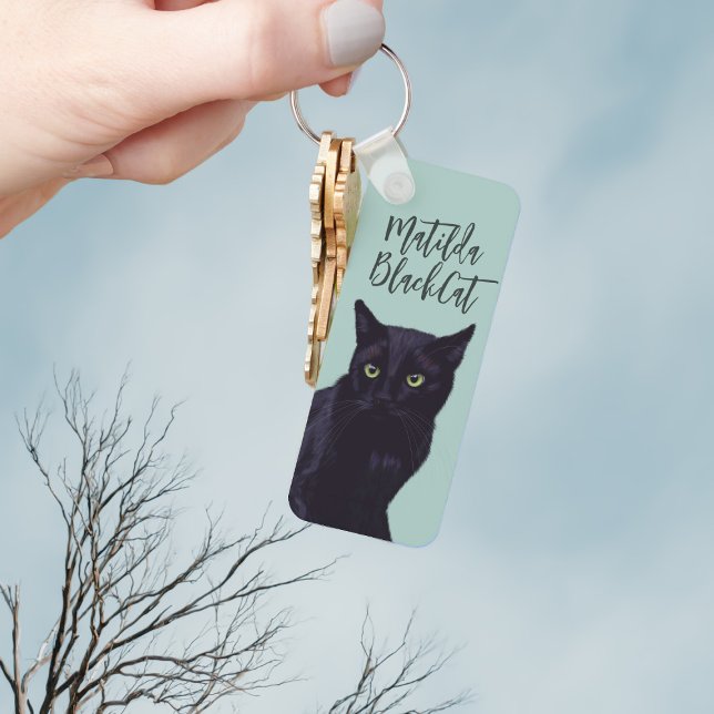 Personalised Black Cat Art Keychain (Add you name to this cute black cat keychain)