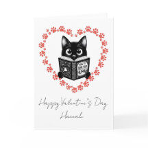 Personalised Black Cat Book Lover Valentine's Card