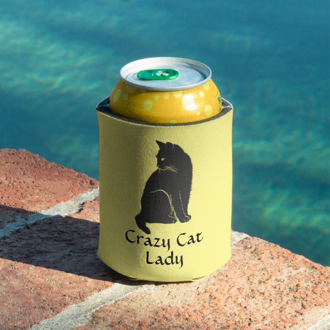 Personalised Black Cat Crazy Cat Lady Yellow Can Cooler (In Situ Pool)