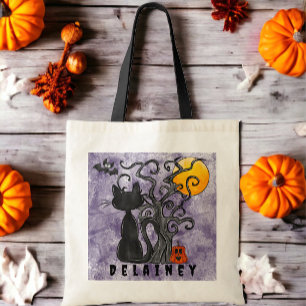 Personalised Black Cat Halloween Candy Bag Purple