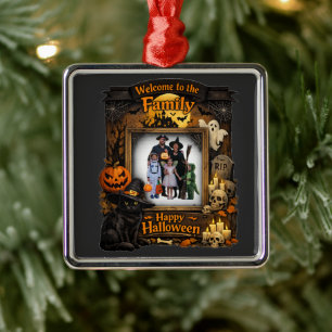 Personalised Black Cat Halloween Family Photo Fram Metal Ornament
