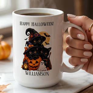 Personalised Black Cat Halloween with Pumpkins Coffee Mug
