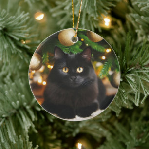 Personalised Black Cat in Front of Christmas Tree Ceramic Ornament