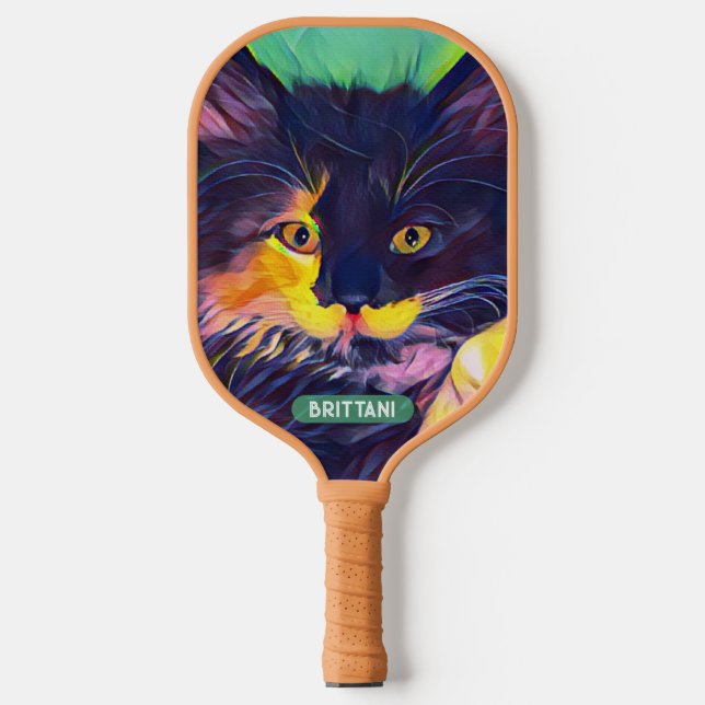 Personalised Black Cat, Modern Colours Pickleball Paddle (Front)