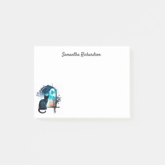 Personalised Black Cat Moon Silhouette Watercolor Post-it Notes (Front)